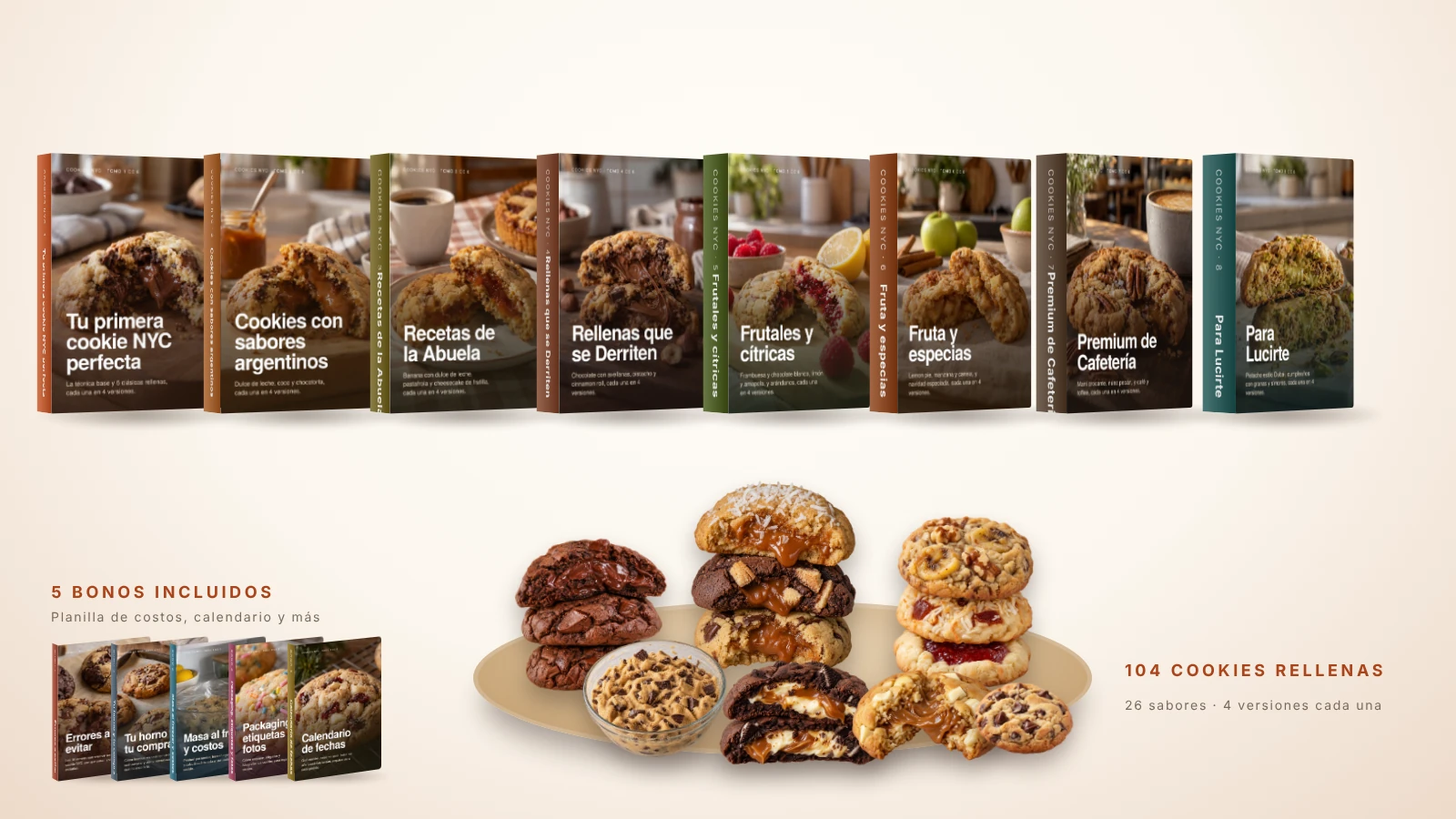 Los 8 tomos del Pack Cookies NYC y sus 5 bonos junto a una bandeja con cookies rellenas